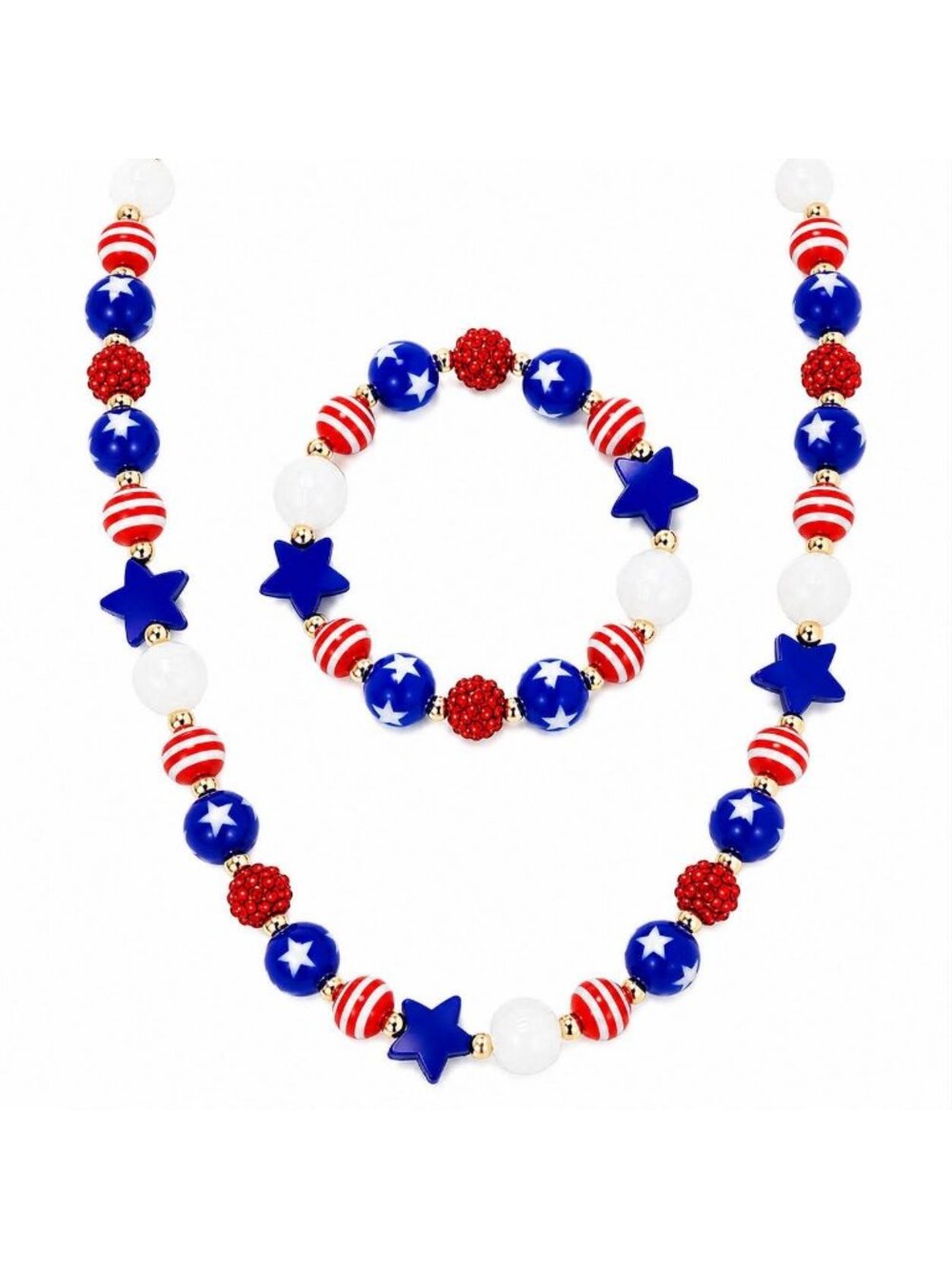 Patriotic Red White Blue Necklace and Bracelet Set for Girls & Women American Fl